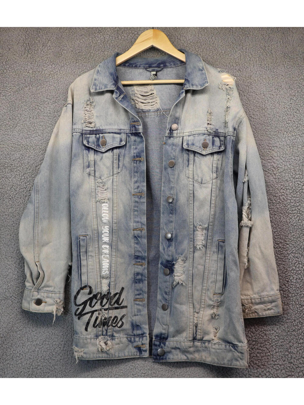 Jean Jacket Long Womens Large American Bazi Distressed Denim - Picture 3 of 11